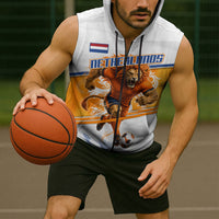 Personalized Netherlands Football Sleeveless Zip Hoodie Dutch Lion Heritage Mascot Flame Swirl