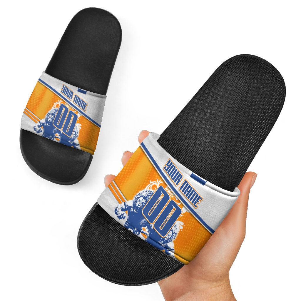 Personalized Netherlands Football Slide Sandals Dutch Lion Heritage Mascot Flame Swirl