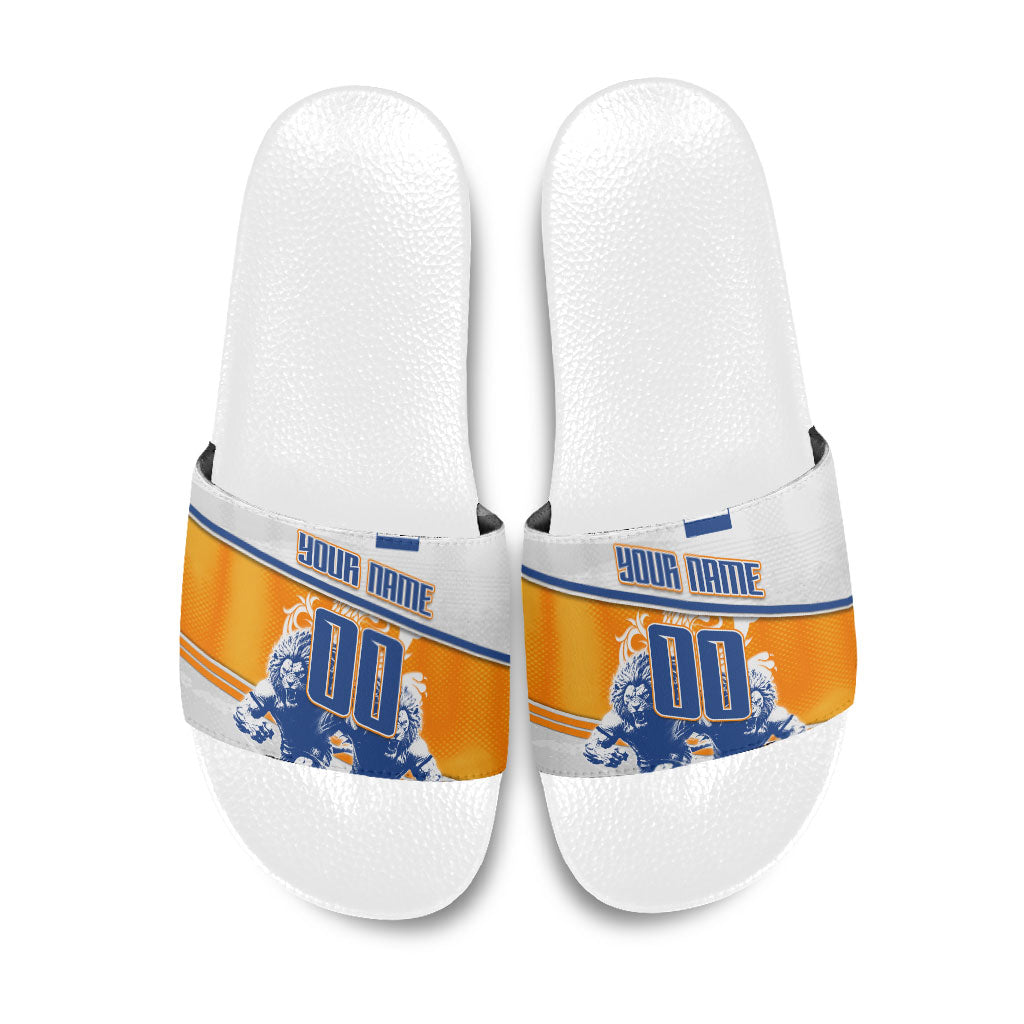 Personalized Netherlands Football Slide Sandals Dutch Lion Heritage Mascot Flame Swirl