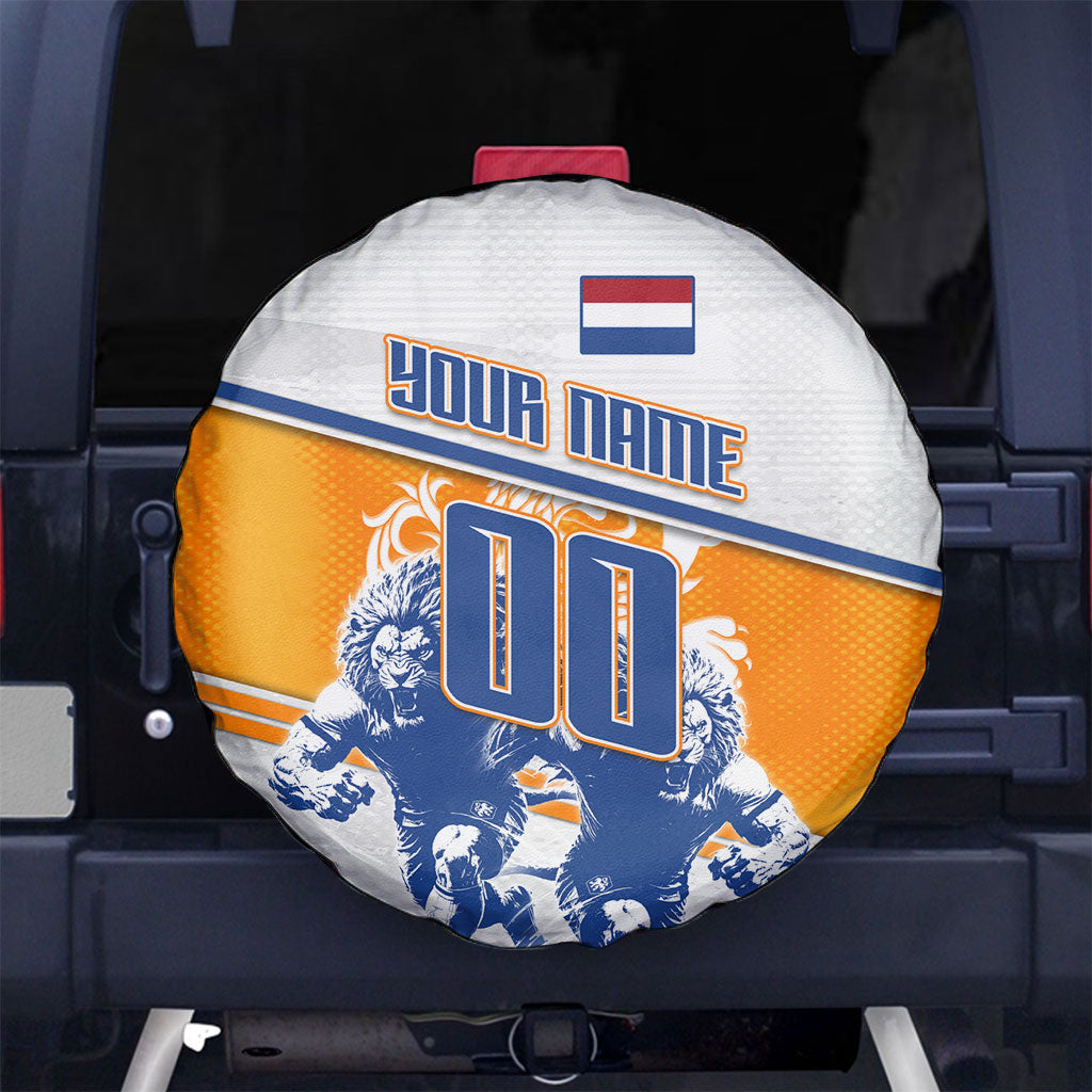 Personalized Netherlands Football Spare Tire Cover Dutch Lion Heritage Mascot Flame Swirl