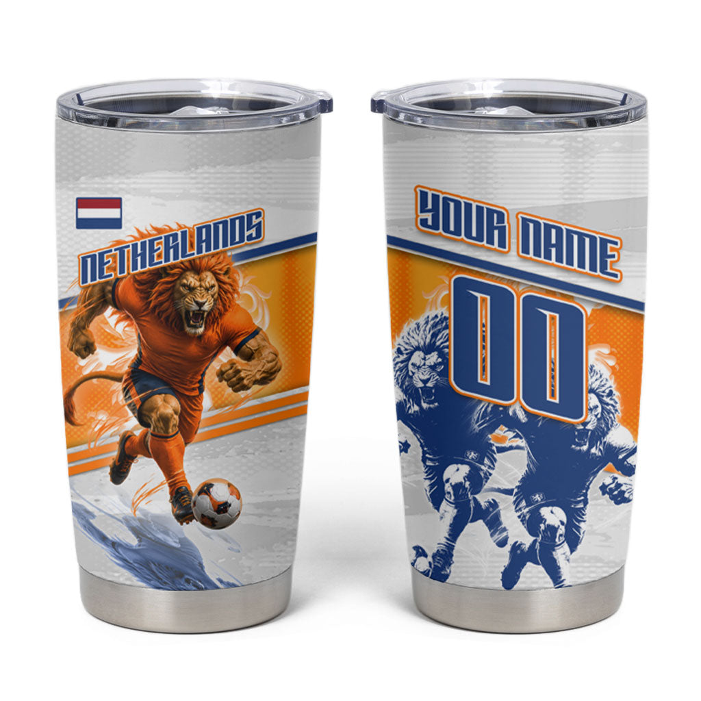 Personalized Netherlands Football Tumbler Cup Dutch Lion Heritage Mascot Flame Swirl