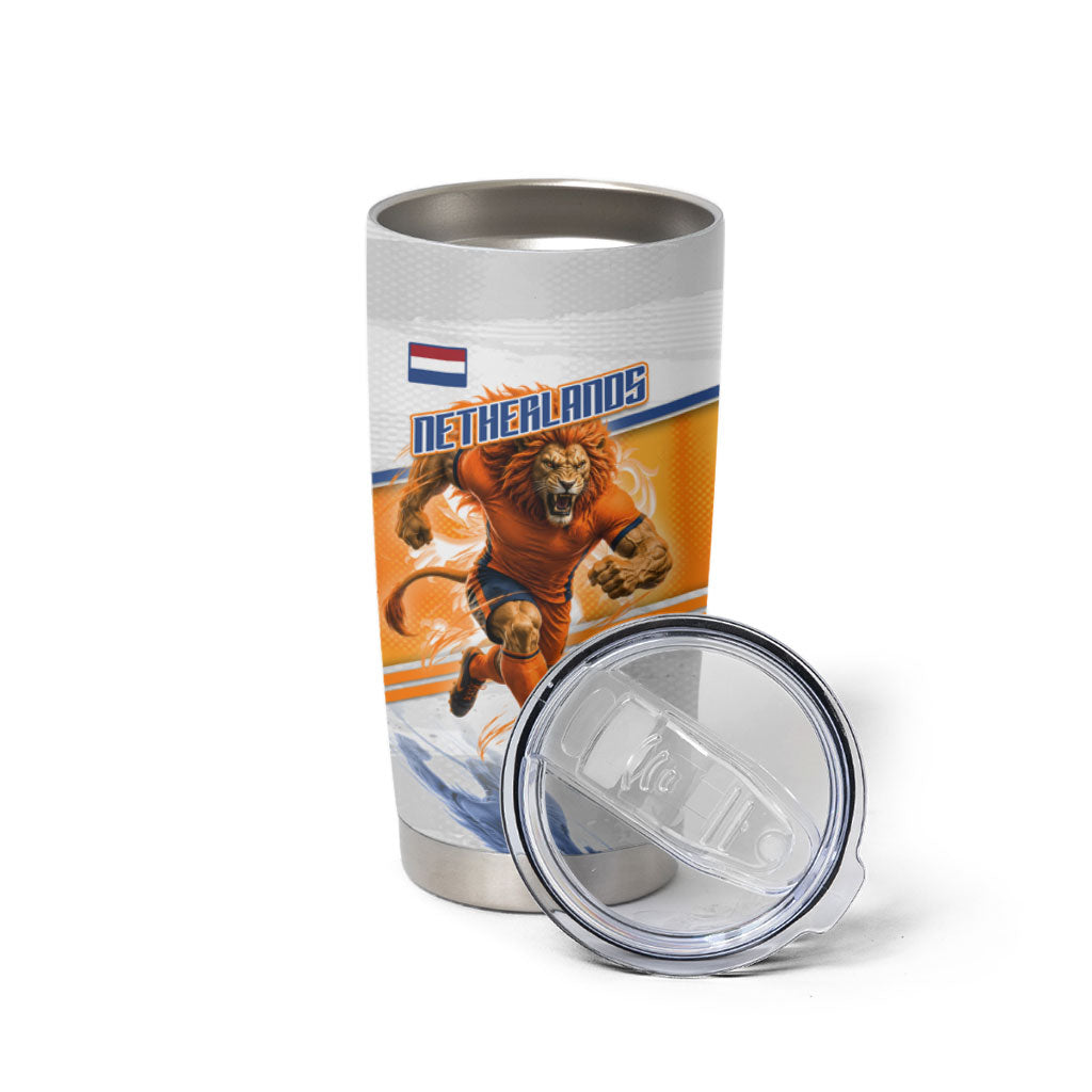Personalized Netherlands Football Tumbler Cup Dutch Lion Heritage Mascot Flame Swirl