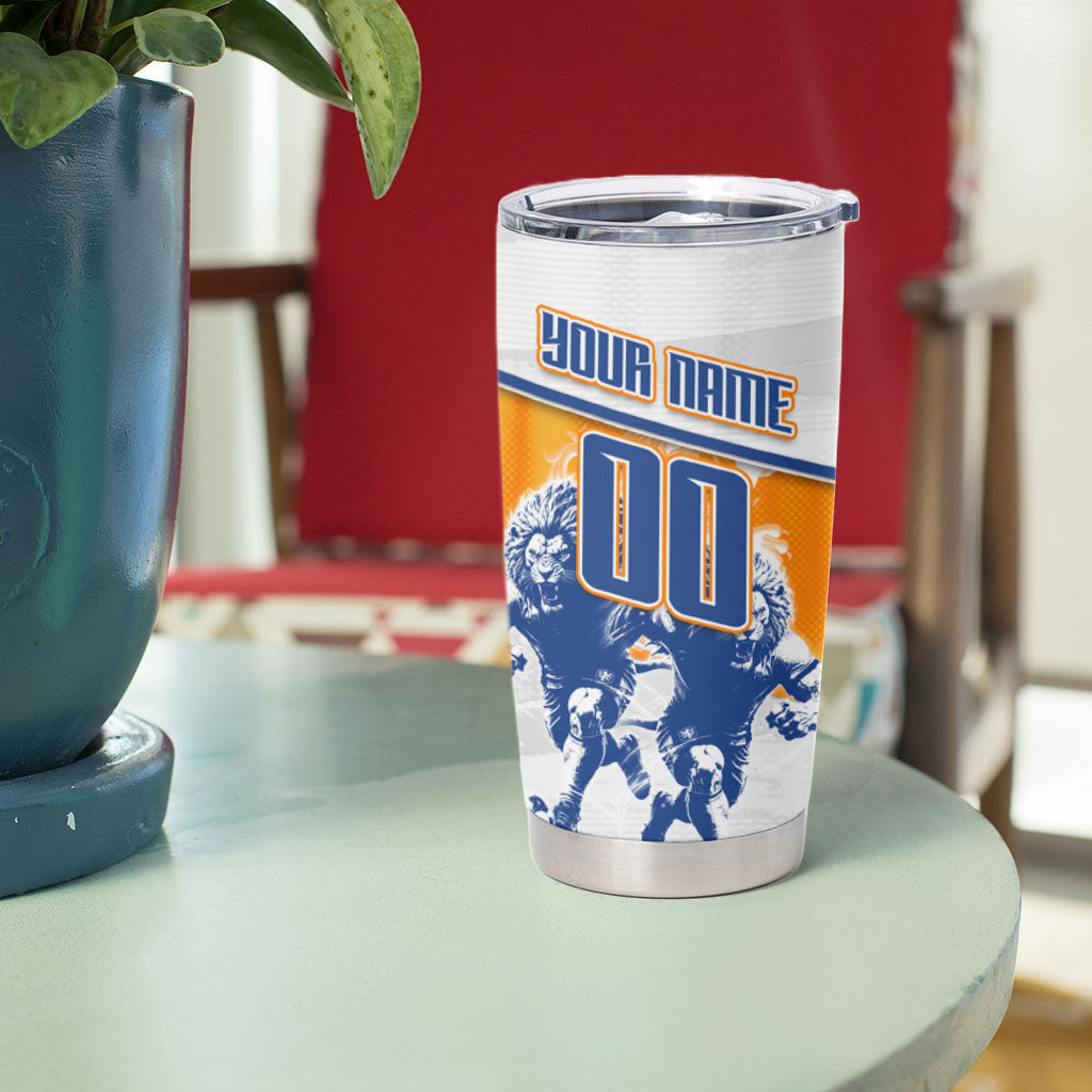 Personalized Netherlands Football Tumbler Cup Dutch Lion Heritage Mascot Flame Swirl