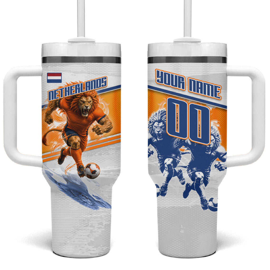 Personalized Netherlands Football Tumbler With Handle Dutch Lion Heritage Mascot Flame Swirl