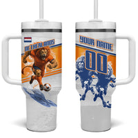 Personalized Netherlands Football Tumbler With Handle Dutch Lion Heritage Mascot Flame Swirl