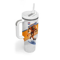 Personalized Netherlands Football Tumbler With Handle Dutch Lion Heritage Mascot Flame Swirl