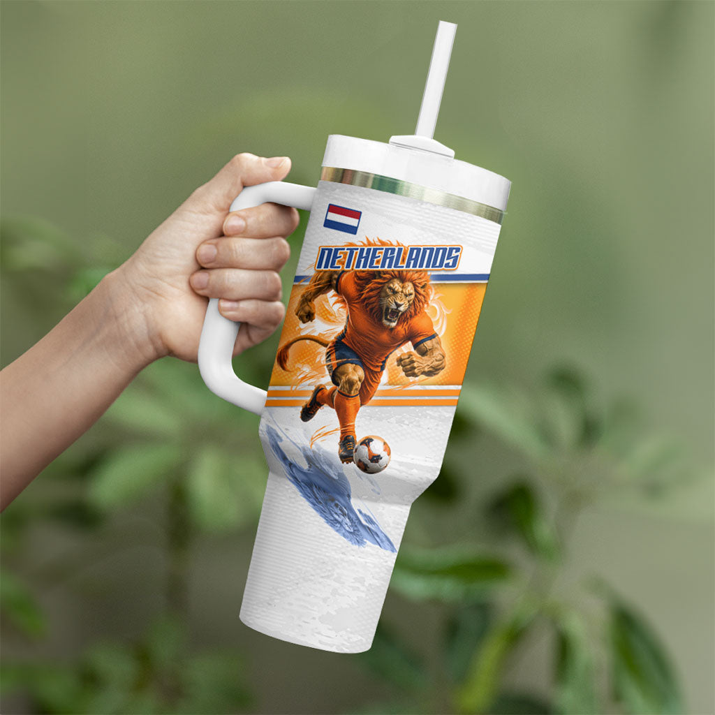Personalized Netherlands Football Tumbler With Handle Dutch Lion Heritage Mascot Flame Swirl