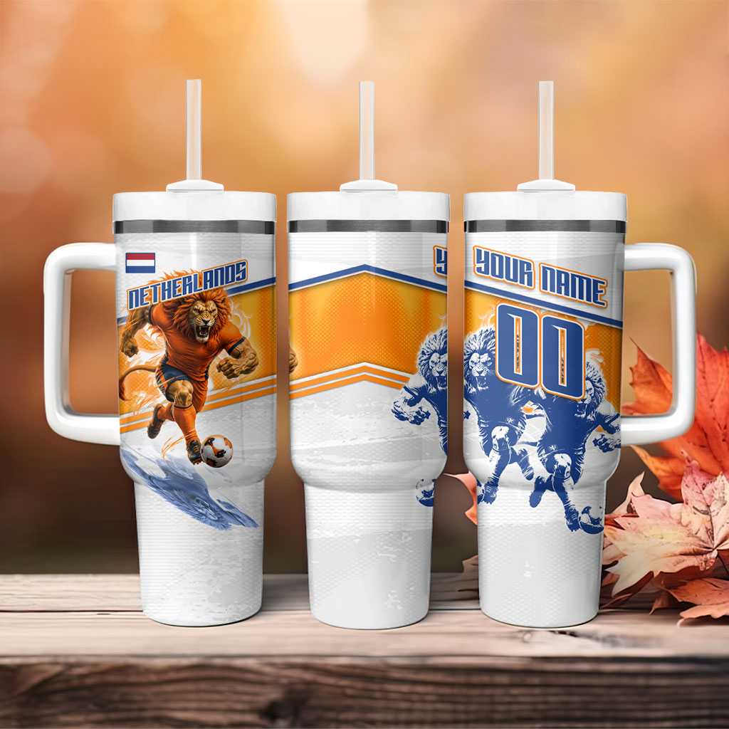 Personalized Netherlands Football Tumbler With Handle Dutch Lion Heritage Mascot Flame Swirl