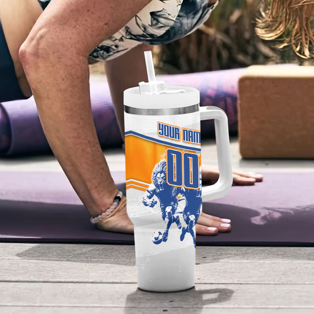 Personalized Netherlands Football Tumbler With Handle Dutch Lion Heritage Mascot Flame Swirl