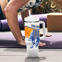 Personalized Netherlands Football Tumbler With Handle Dutch Lion Heritage Mascot Flame Swirl