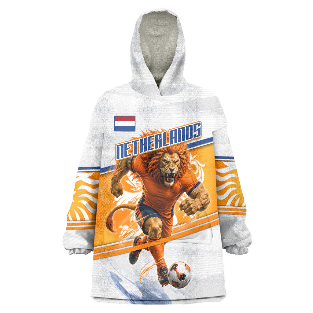Personalized Netherlands Football Wearable Blanket Hoodie Dutch Lion Heritage Mascot Flame Swirl