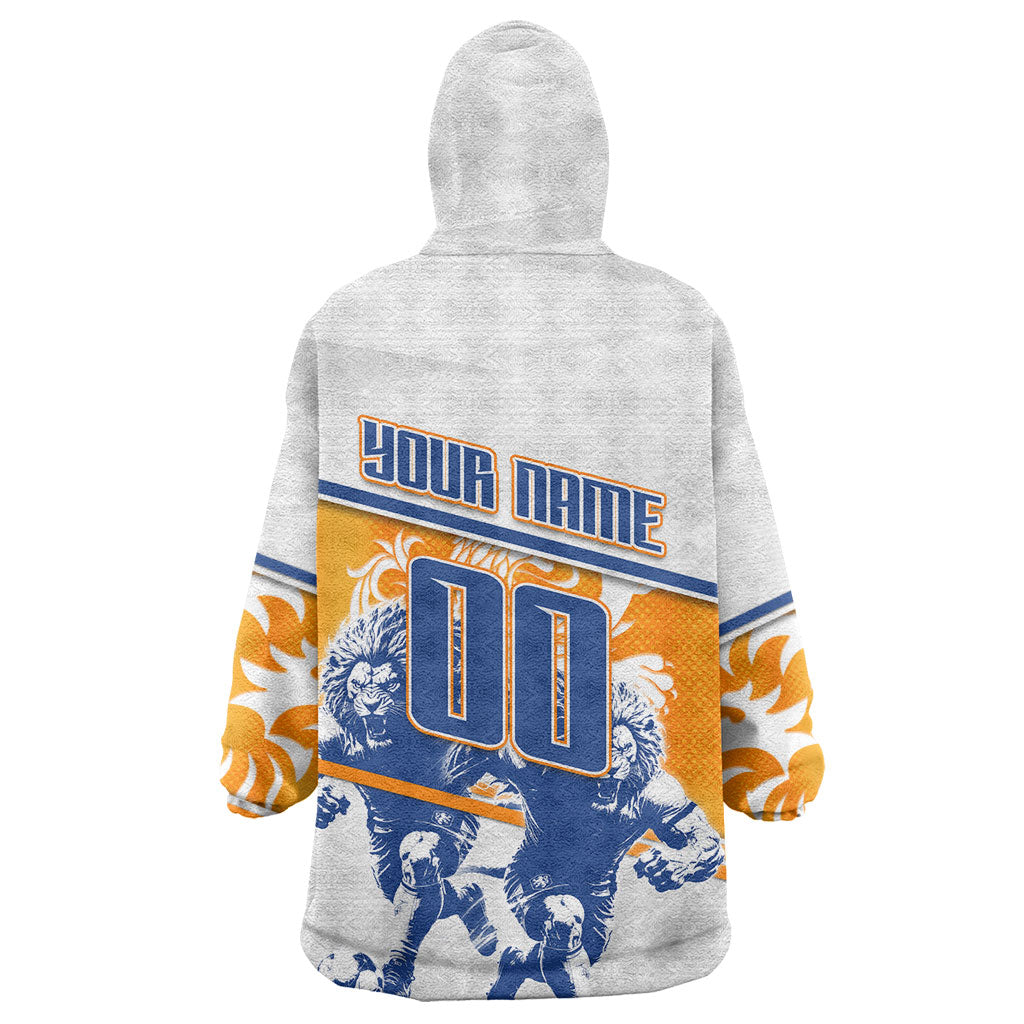 Personalized Netherlands Football Wearable Blanket Hoodie Dutch Lion Heritage Mascot Flame Swirl