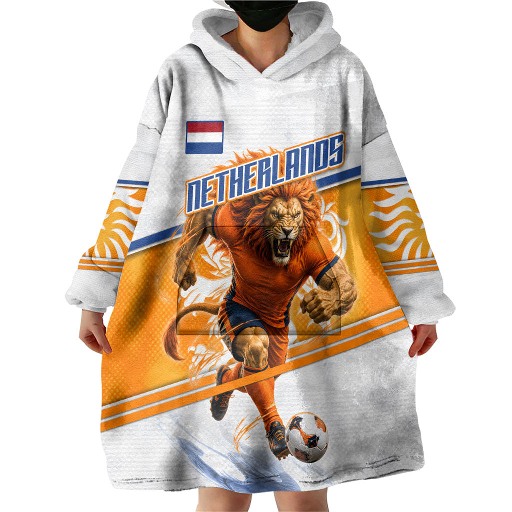 Personalized Netherlands Football Wearable Blanket Hoodie Dutch Lion Heritage Mascot Flame Swirl