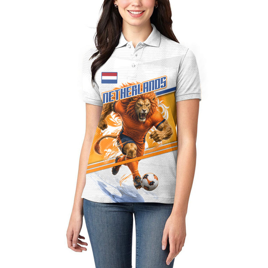 Personalized Netherlands Football Women Polo Shirt Dutch Lion Heritage Mascot Flame Swirl