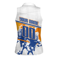 Personalized Netherlands Football Women Sleeveless Polo Shirt Dutch Lion Heritage Mascot Flame Swirl