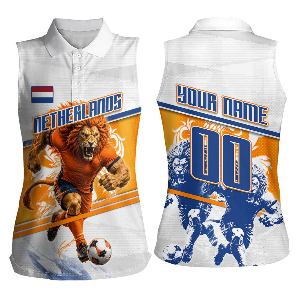 Personalized Netherlands Football Women Sleeveless Polo Shirt Dutch Lion Heritage Mascot Flame Swirl