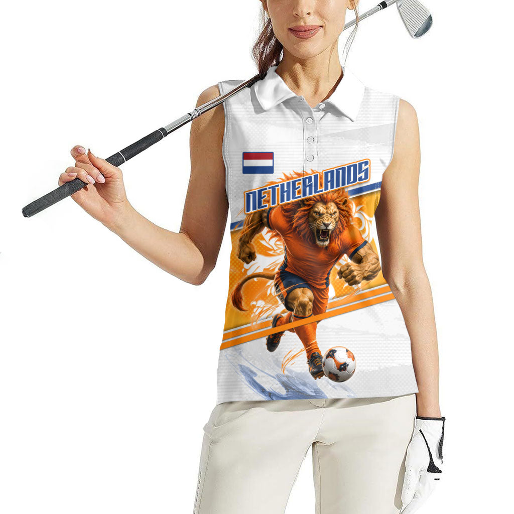 Personalized Netherlands Football Women Sleeveless Polo Shirt Dutch Lion Heritage Mascot Flame Swirl