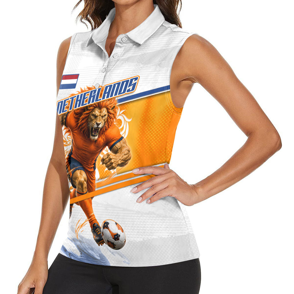 Personalized Netherlands Football Women Sleeveless Polo Shirt Dutch Lion Heritage Mascot Flame Swirl