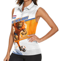 Personalized Netherlands Football Women Sleeveless Polo Shirt Dutch Lion Heritage Mascot Flame Swirl