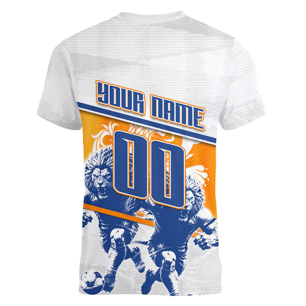 Personalized Netherlands Football Women V-Neck T-Shirt Dutch Lion Heritage Mascot Flame Swirl