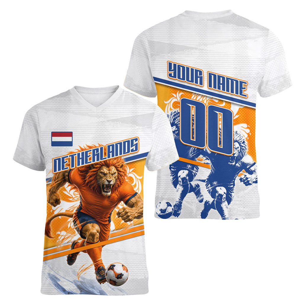 Personalized Netherlands Football Women V-Neck T-Shirt Dutch Lion Heritage Mascot Flame Swirl