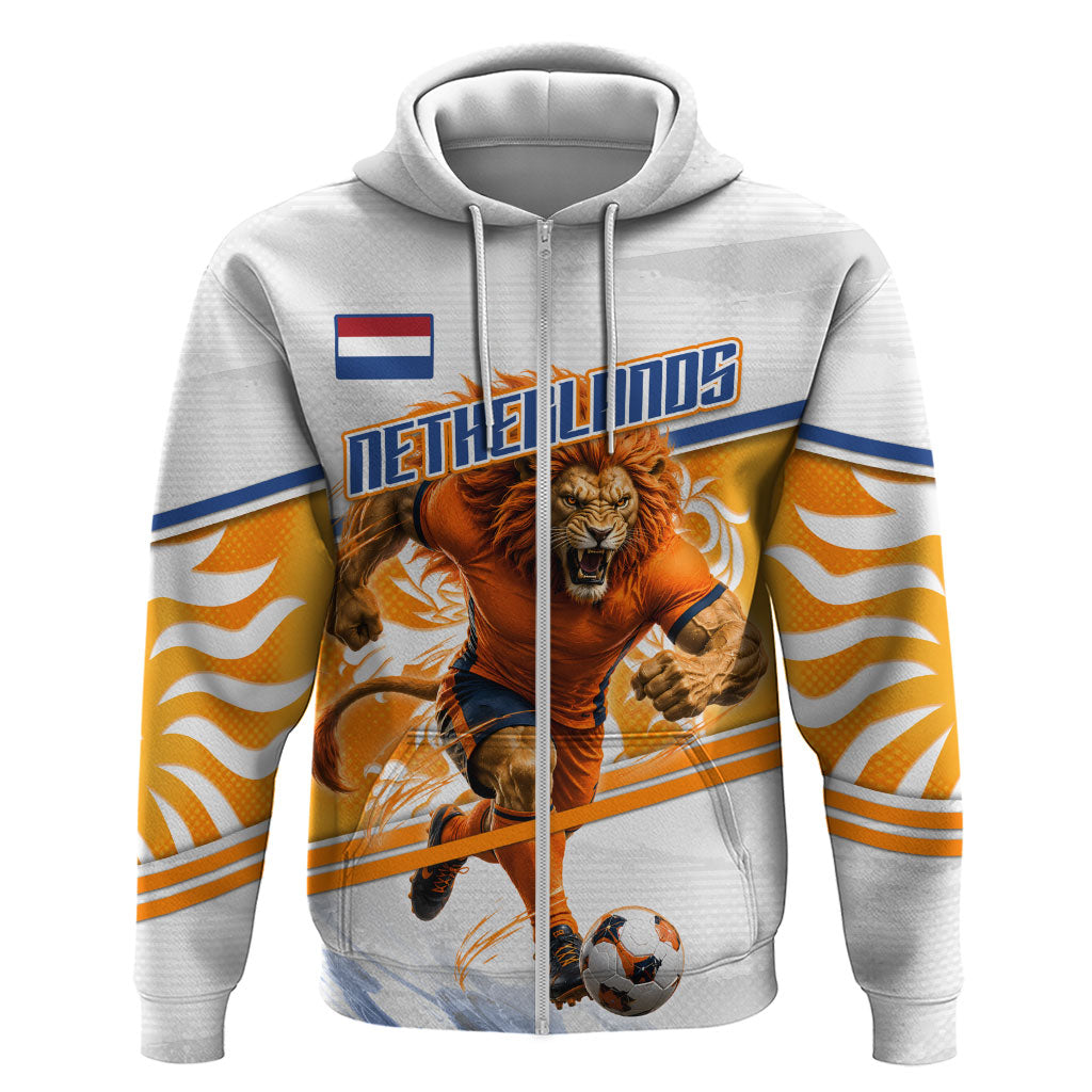 Personalized Netherlands Football Zip Hoodie Dutch Lion Heritage Mascot Flame Swirl