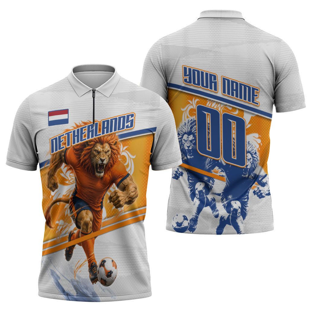 Personalized Netherlands Football Zipper Polo Shirt Dutch Lion Heritage Mascot Flame Swirl