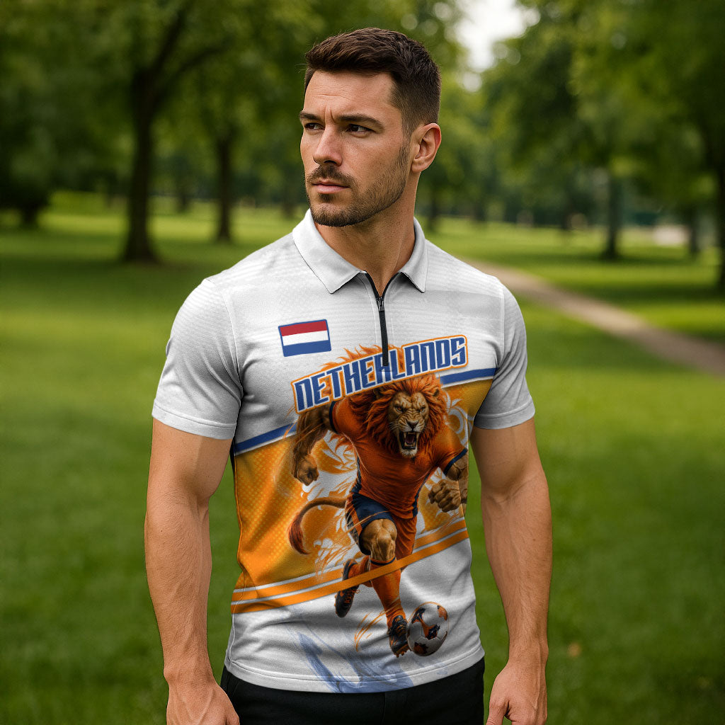 Personalized Netherlands Football Zipper Polo Shirt Dutch Lion Heritage Mascot Flame Swirl