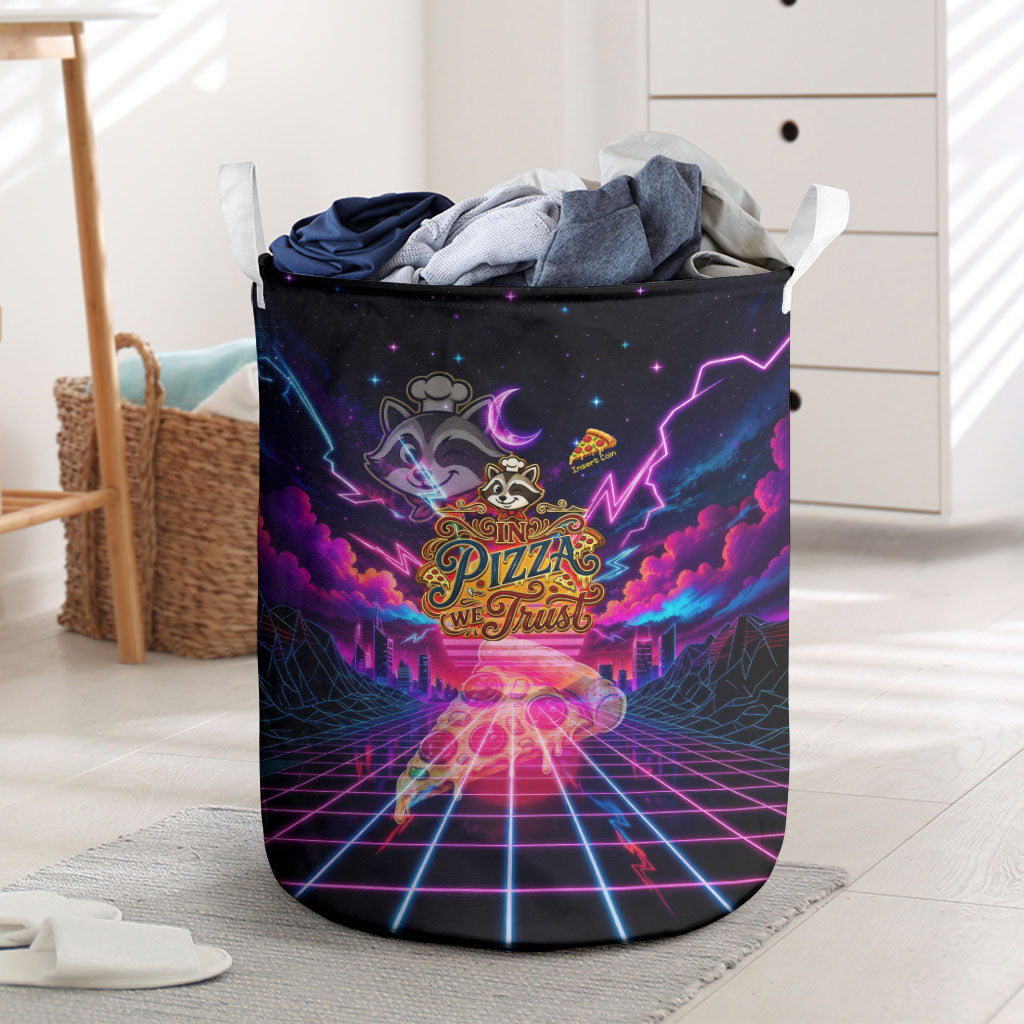Retro Raccoon Eating Pizza Laundry Basket 80s Synthwave Pizza Arcade Neon Gaming Aesthetic