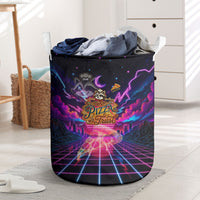Retro Raccoon Eating Pizza Laundry Basket 80s Synthwave Pizza Arcade Neon Gaming Aesthetic
