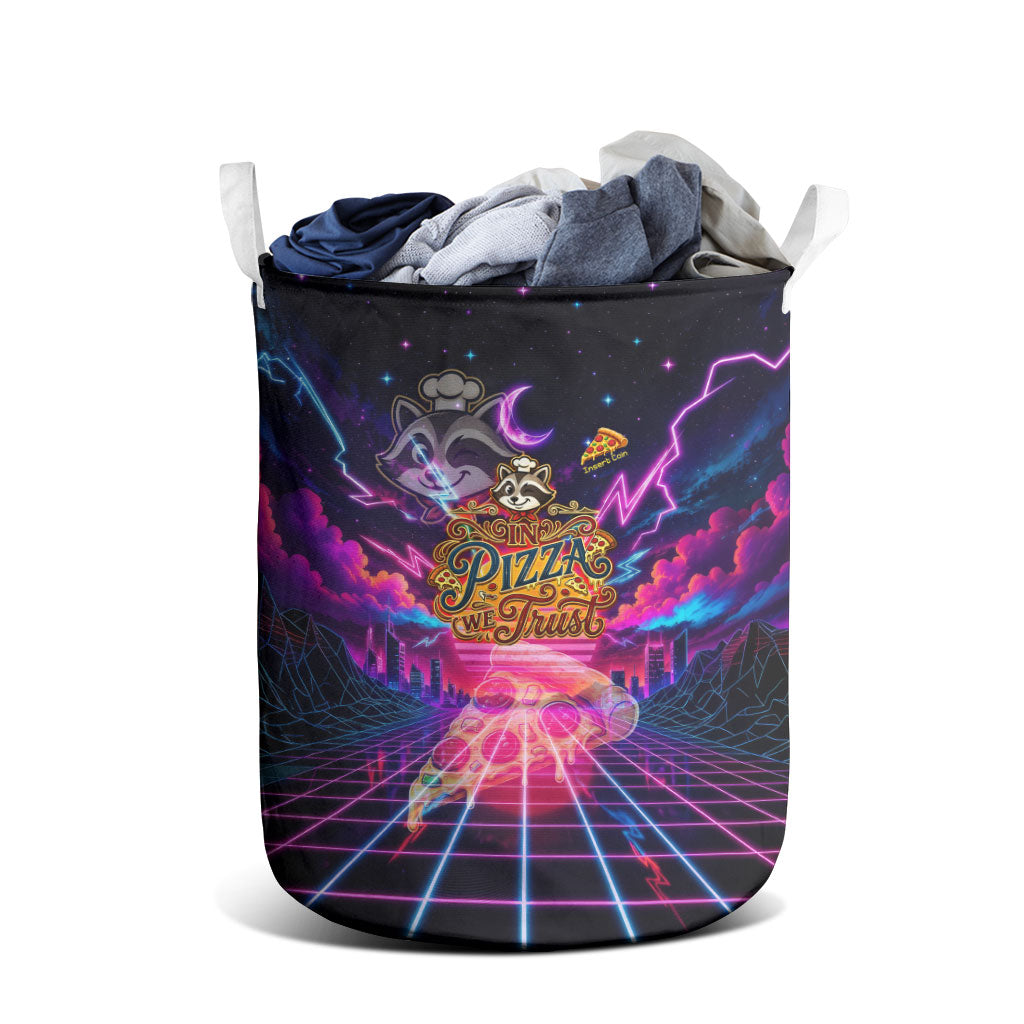Retro Raccoon Eating Pizza Laundry Basket 80s Synthwave Pizza Arcade Neon Gaming Aesthetic