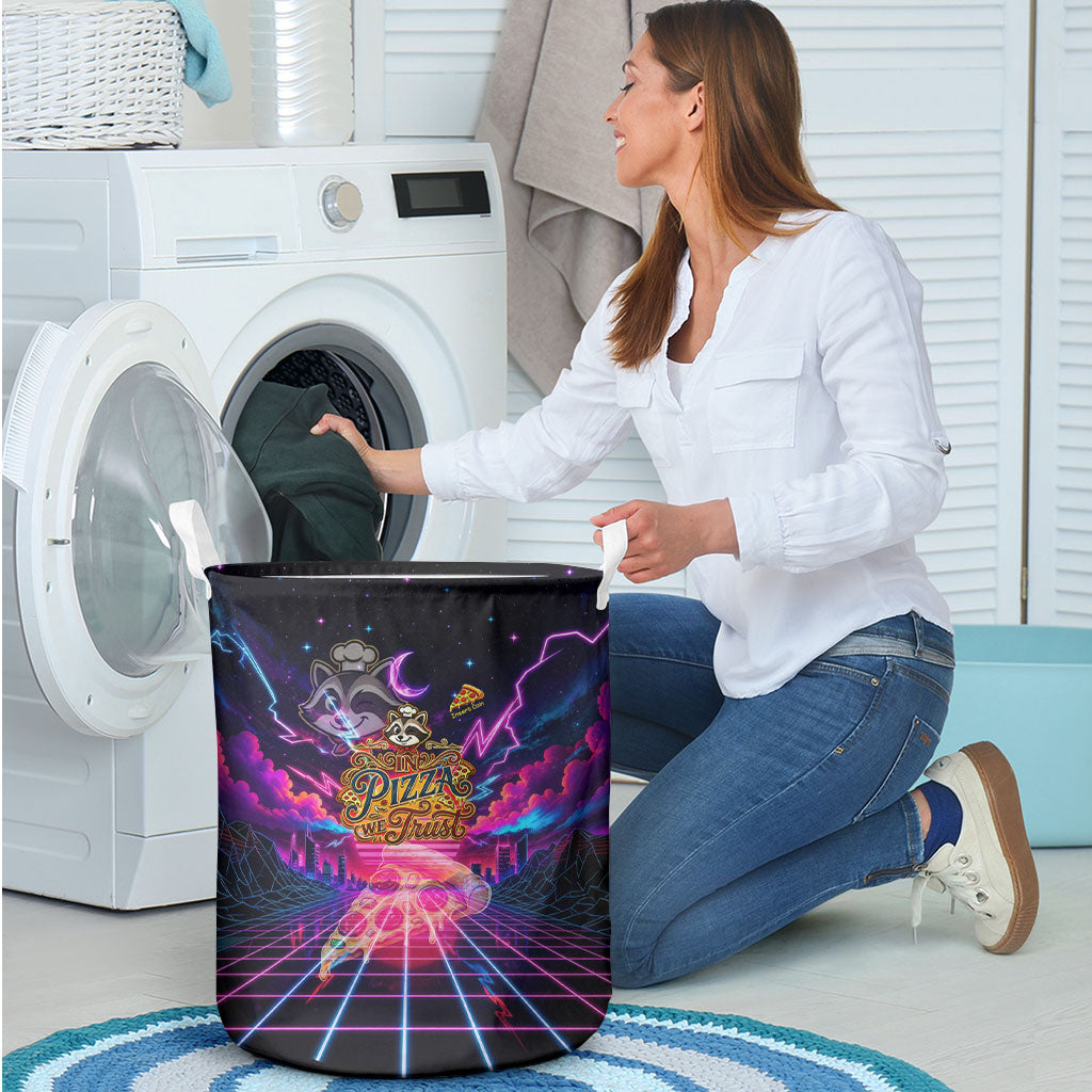Retro Raccoon Eating Pizza Laundry Basket 80s Synthwave Pizza Arcade Neon Gaming Aesthetic