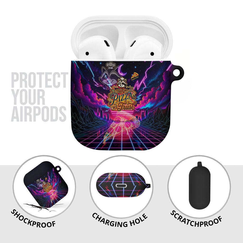 Retro Raccoon Eating Pizza AirPods Case 80s Synthwave Pizza Arcade Neon Gaming Aesthetic