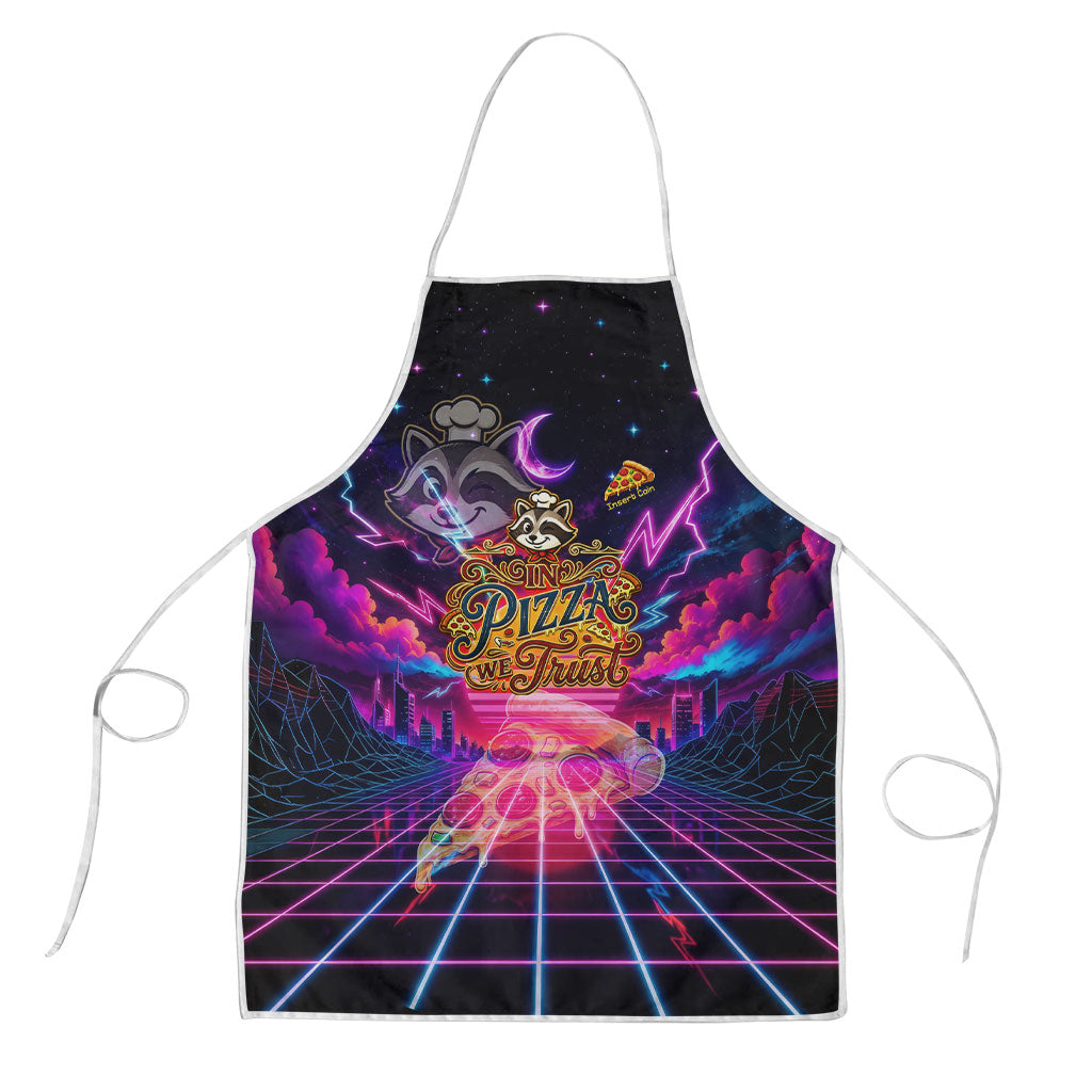 Retro Raccoon Eating Pizza Apron 80s Synthwave Pizza Arcade Neon Gaming Aesthetic