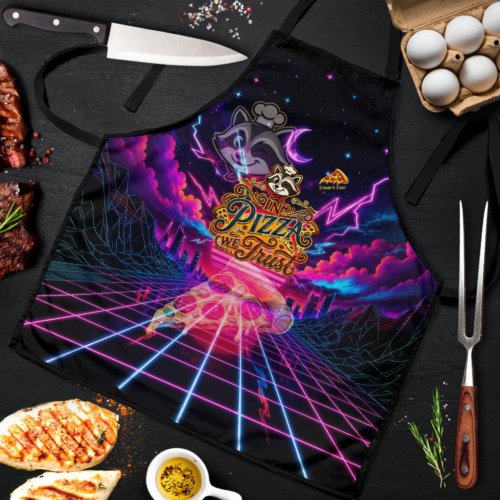 Retro Raccoon Eating Pizza Apron 80s Synthwave Pizza Arcade Neon Gaming Aesthetic