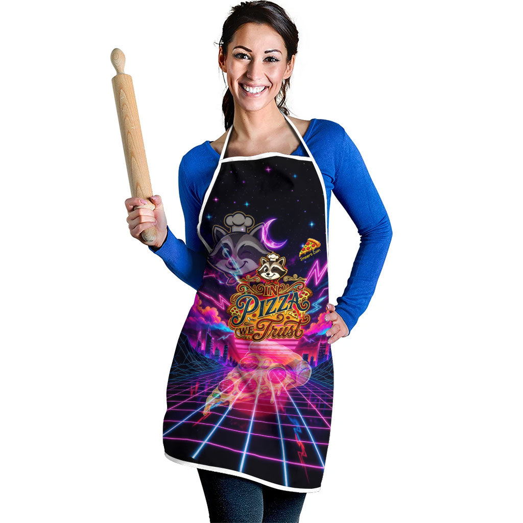 Retro Raccoon Eating Pizza Apron 80s Synthwave Pizza Arcade Neon Gaming Aesthetic
