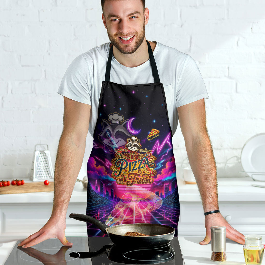 Retro Raccoon Eating Pizza Apron 80s Synthwave Pizza Arcade Neon Gaming Aesthetic
