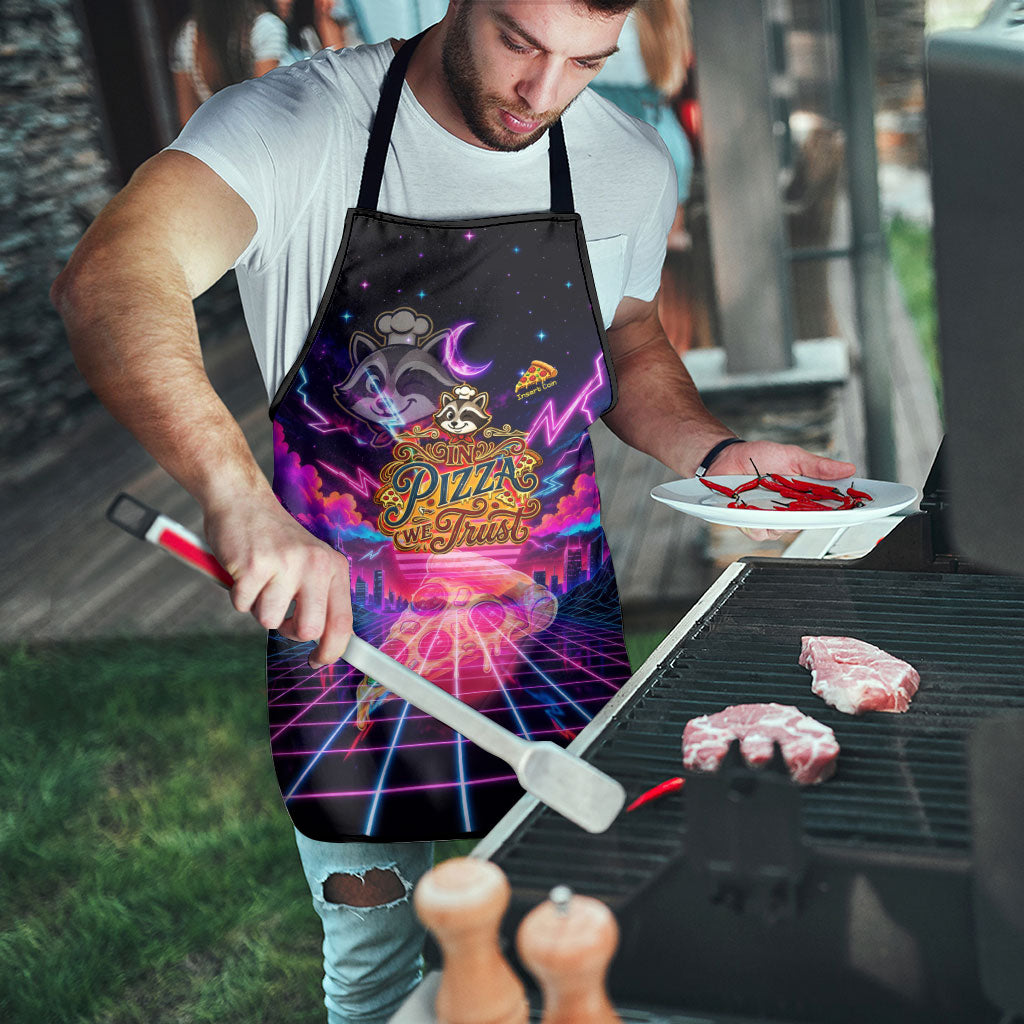 Retro Raccoon Eating Pizza Apron 80s Synthwave Pizza Arcade Neon Gaming Aesthetic