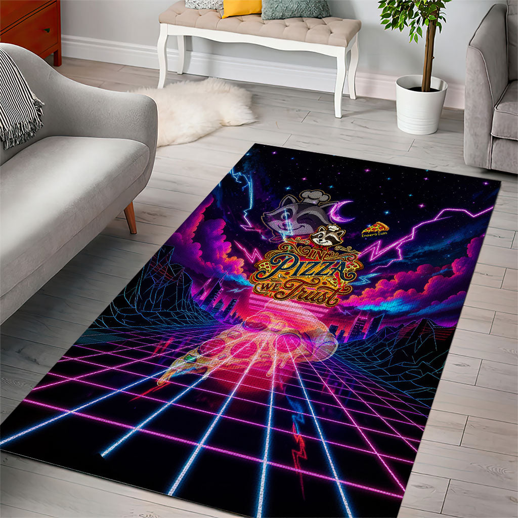 Retro Raccoon Eating Pizza Area Rug 80s Synthwave Pizza Arcade Neon Gaming Aesthetic