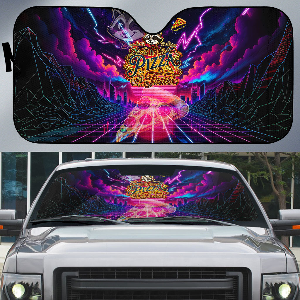 Retro Raccoon Eating Pizza Auto Sun Shade 80s Synthwave Pizza Arcade Neon Gaming Aesthetic