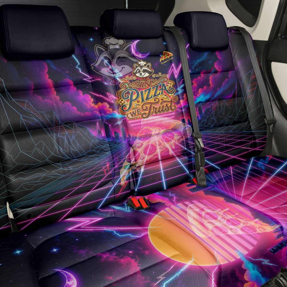 Retro Raccoon Eating Pizza Back Car Seat Cover 80s Synthwave Pizza Arcade Neon Gaming Aesthetic