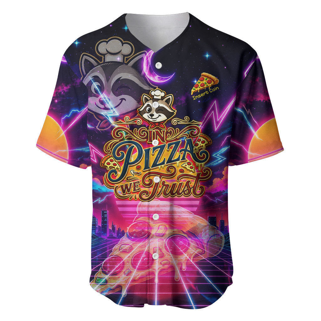 Retro Raccoon Eating Pizza Baseball Jersey 80s Synthwave Pizza Arcade Neon Gaming Aesthetic