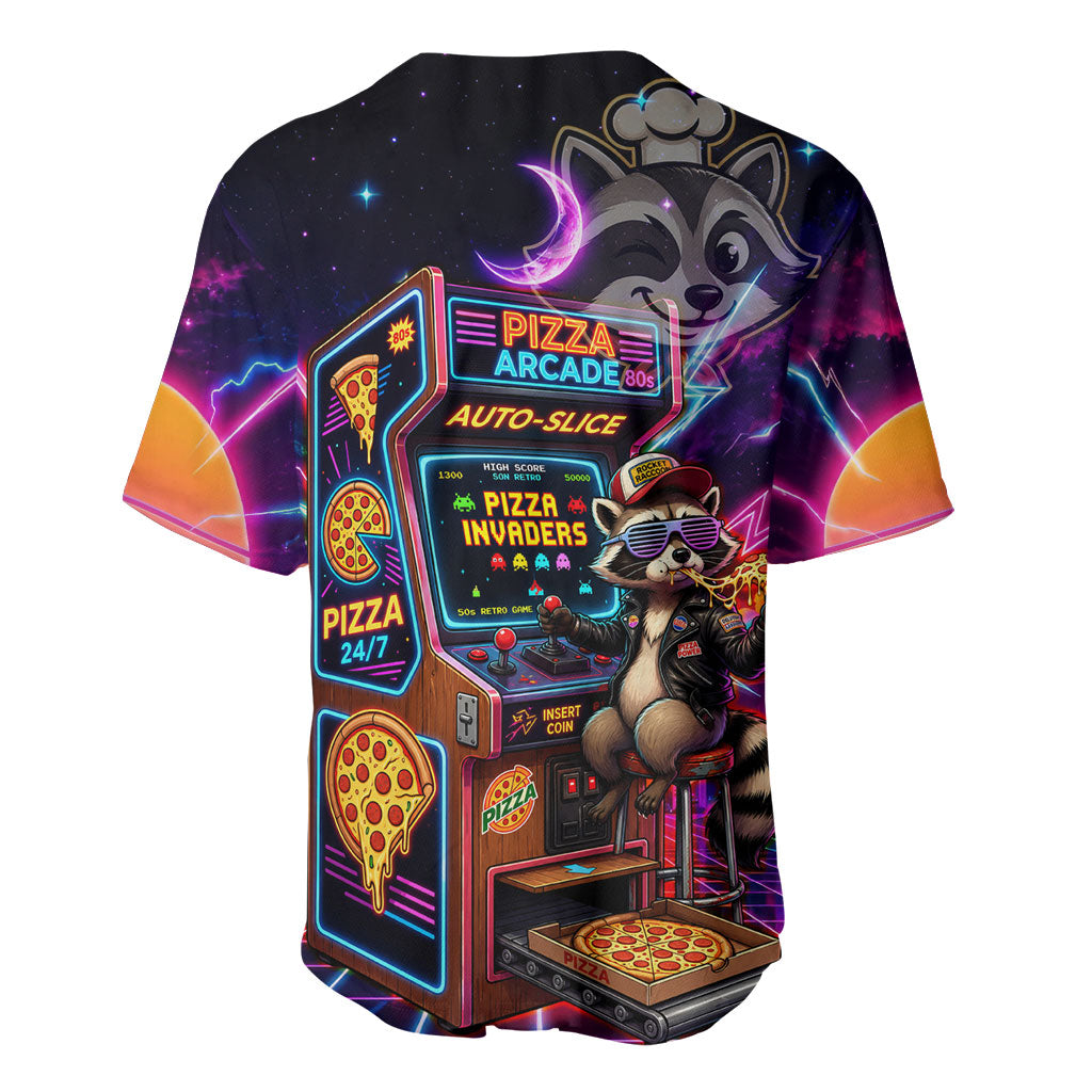Retro Raccoon Eating Pizza Baseball Jersey 80s Synthwave Pizza Arcade Neon Gaming Aesthetic