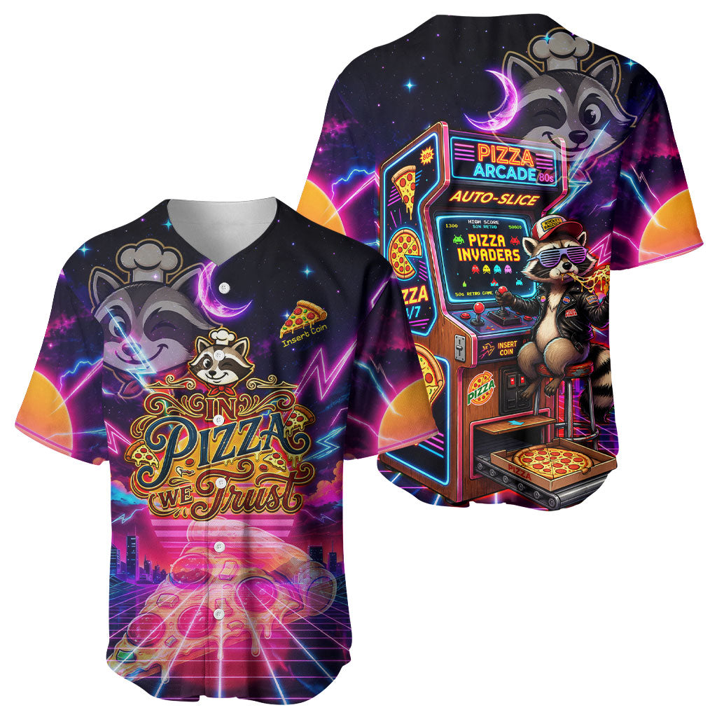 Retro Raccoon Eating Pizza Baseball Jersey 80s Synthwave Pizza Arcade Neon Gaming Aesthetic