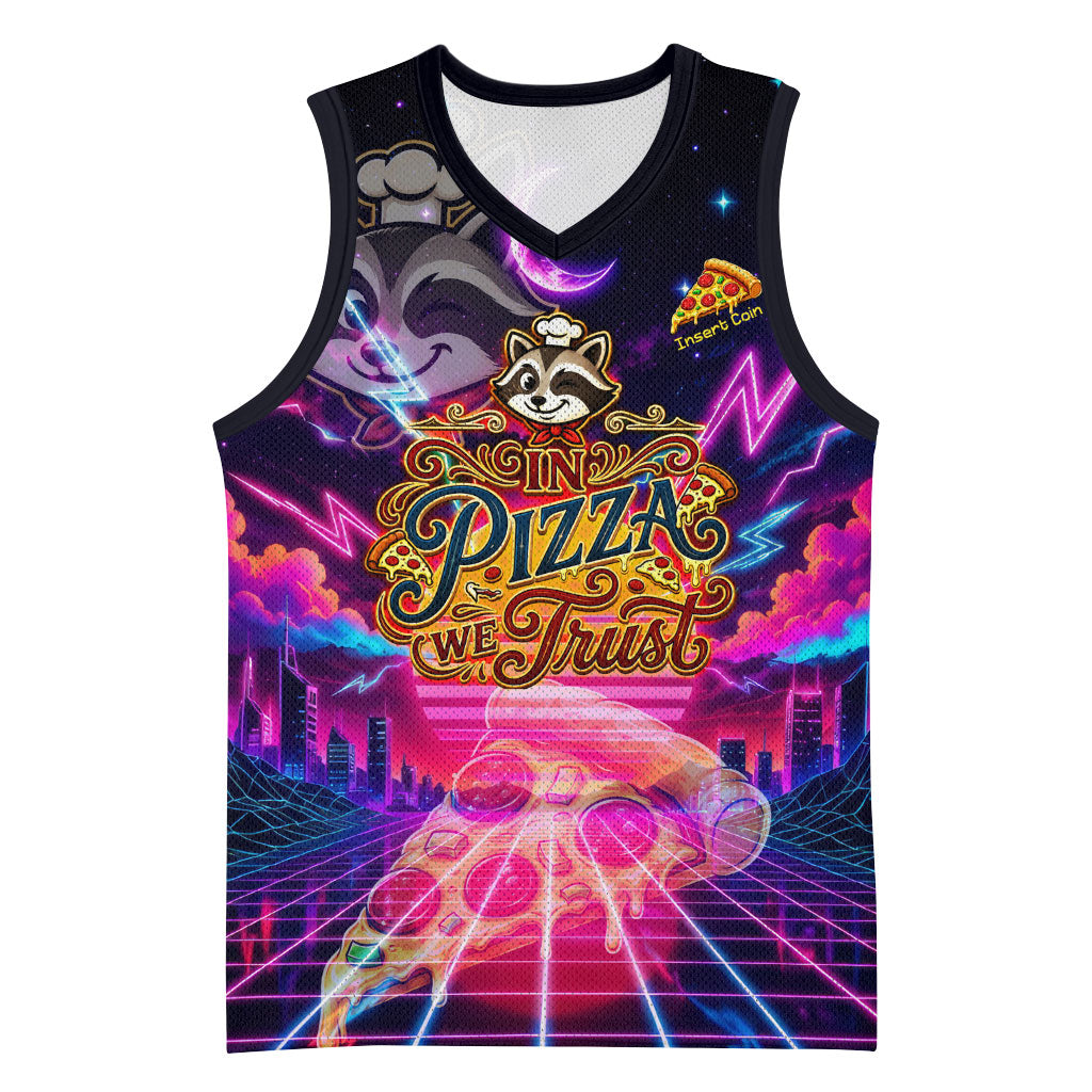 Retro Raccoon Eating Pizza Basketball Jersey 80s Synthwave Pizza Arcade Neon Gaming Aesthetic