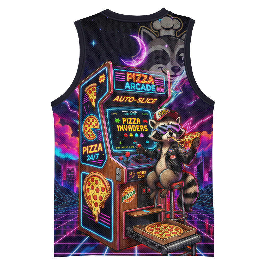 Retro Raccoon Eating Pizza Basketball Jersey 80s Synthwave Pizza Arcade Neon Gaming Aesthetic