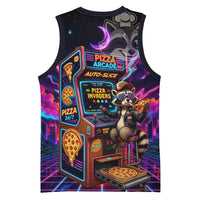 Retro Raccoon Eating Pizza Basketball Jersey 80s Synthwave Pizza Arcade Neon Gaming Aesthetic