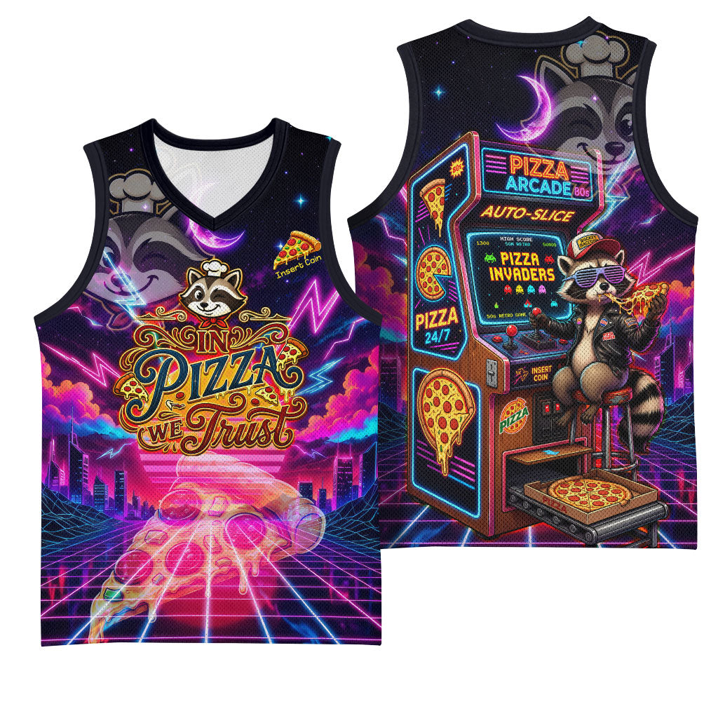 Retro Raccoon Eating Pizza Basketball Jersey 80s Synthwave Pizza Arcade Neon Gaming Aesthetic