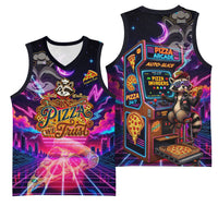 Retro Raccoon Eating Pizza Basketball Jersey 80s Synthwave Pizza Arcade Neon Gaming Aesthetic