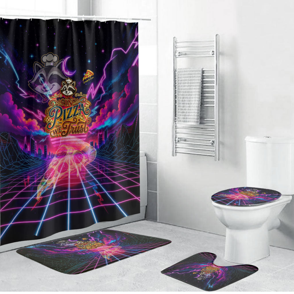 Retro Raccoon Eating Pizza Bathroom Set 80s Synthwave Pizza Arcade Neon Gaming Aesthetic